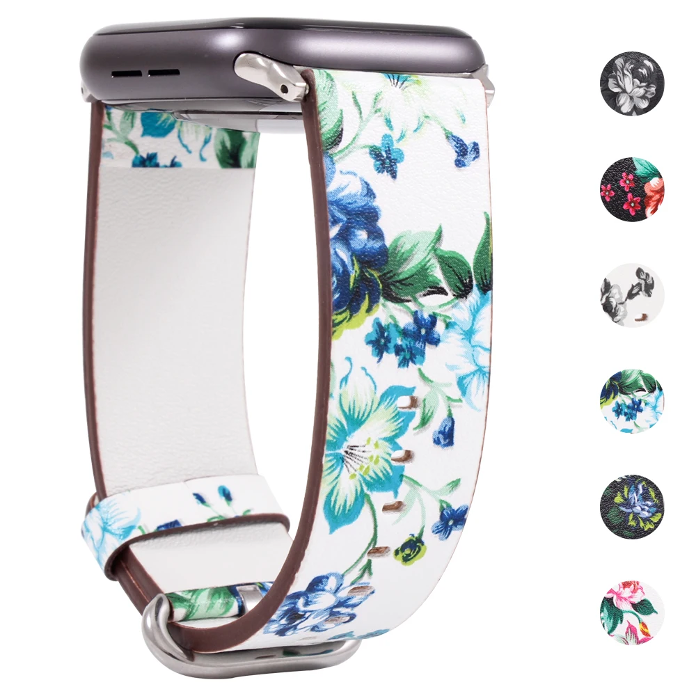 Ремешок кожаный для Apple Watch 6 5 4 3 2 1 38 мм/40 мм сменный цветочный браслет Iwatch Series 42
