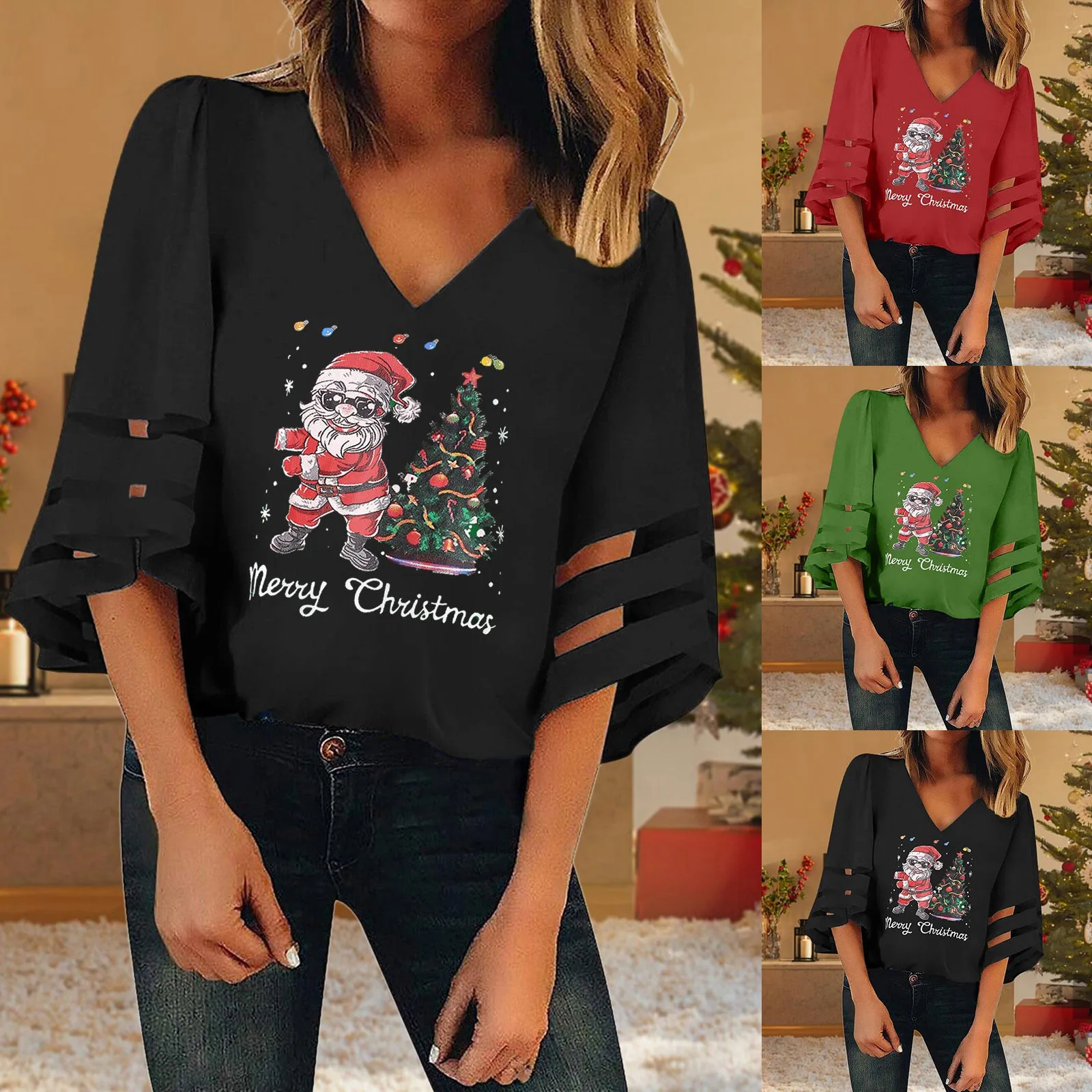 

Топ с V-образным вырезом, свободная сетчатая женская блузка с рукавами, рождественские женские толстовки и свитшоты