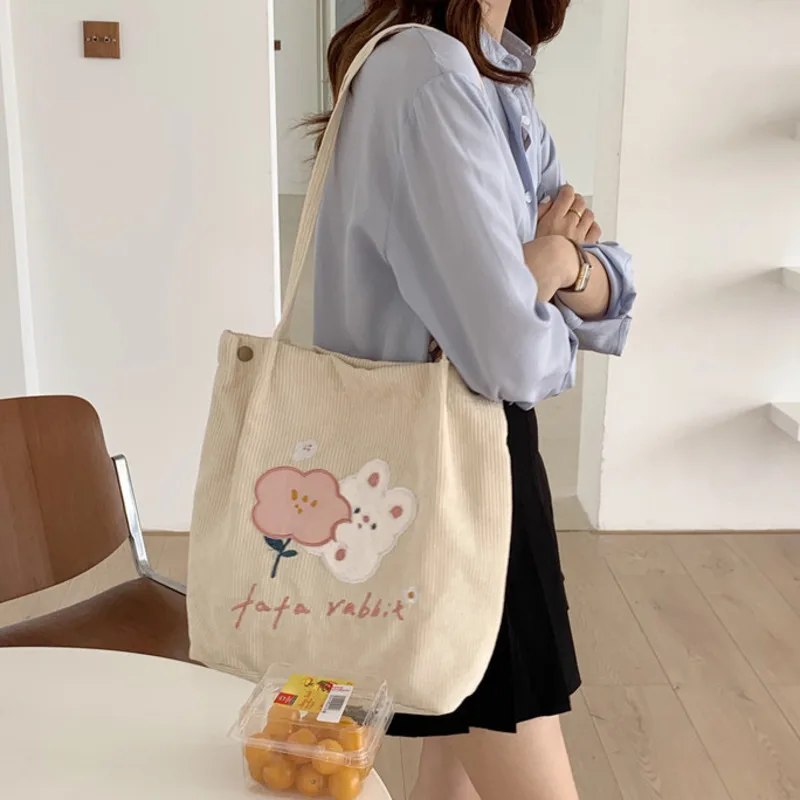 

Женские сумки на плечо, Сумка с вышивкой в виде кролика, Женская Вельветовая сумка для покупок, женская школьная сумка с магнитной застежкой...