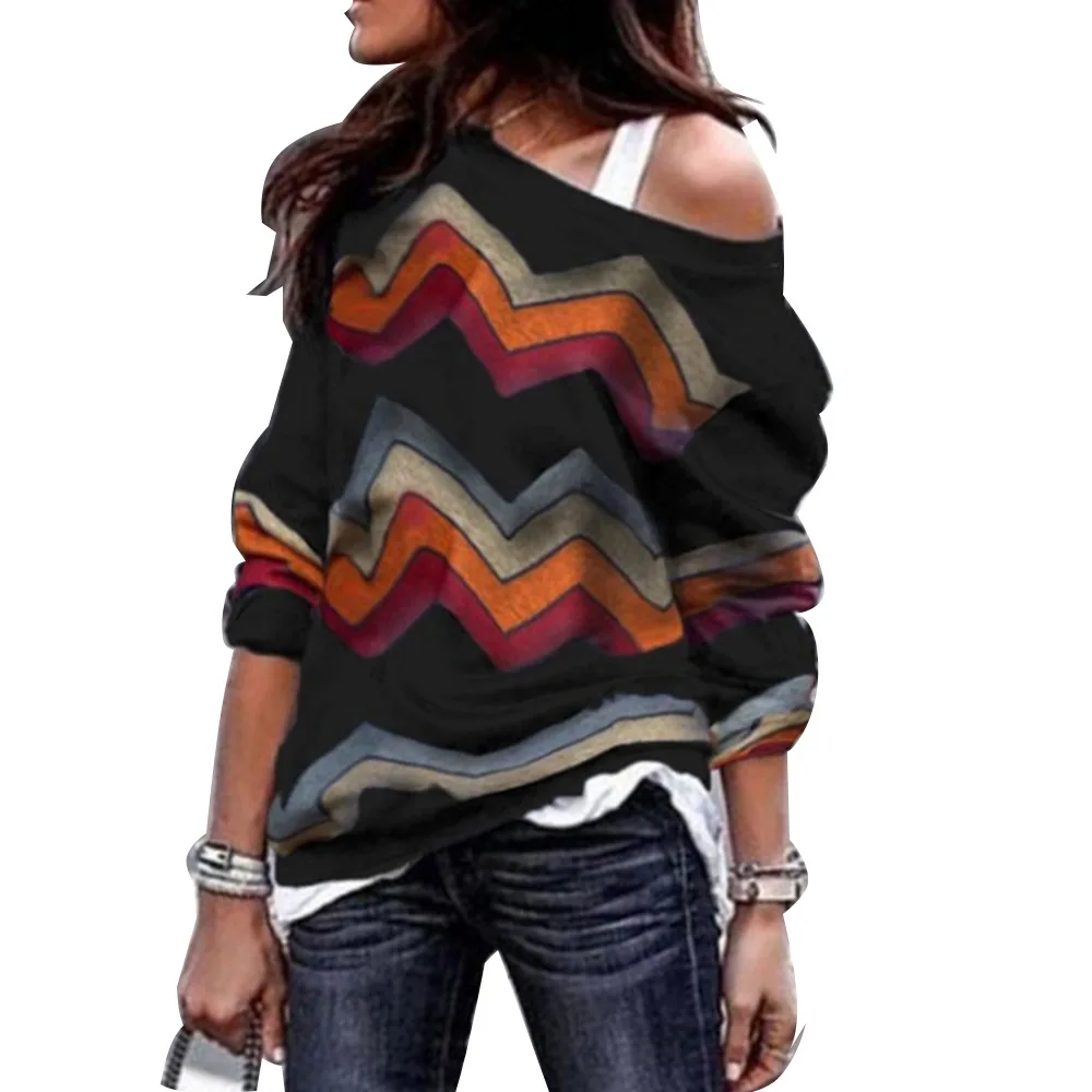 

Plus Size 3XL Spring Autumn T-Shirts Women Sexy Off Shoulder Striped Tops Leisure Long Sleeve Geometric Printing Knitted T shirt