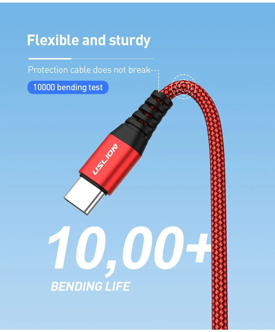 USLION 3A usb type C кабель для samsung S10 S9 S8 Быстрая зарядка type-C Телефон зарядный провод USB C кабель для Xiaomi mi9 Redmi note 7