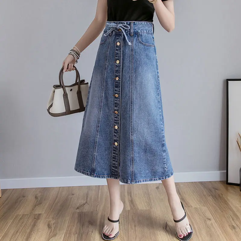 

Single Breasted Knee Length Denim Skirt Women Streetwear Casual Lace Up Pocket High Waist A-line Jeans Skirt Plus Size