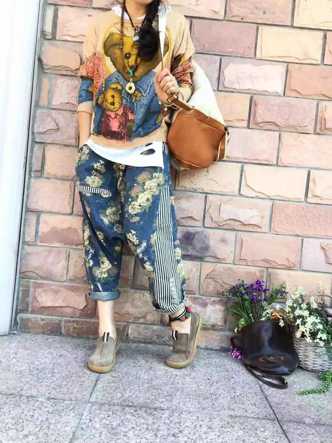 Women Baggy Low Crotch Denim Pants Patchwork Harem jeans Printed hip hop street dance cowboy Trousers Boyfriend Bloomers Joggers