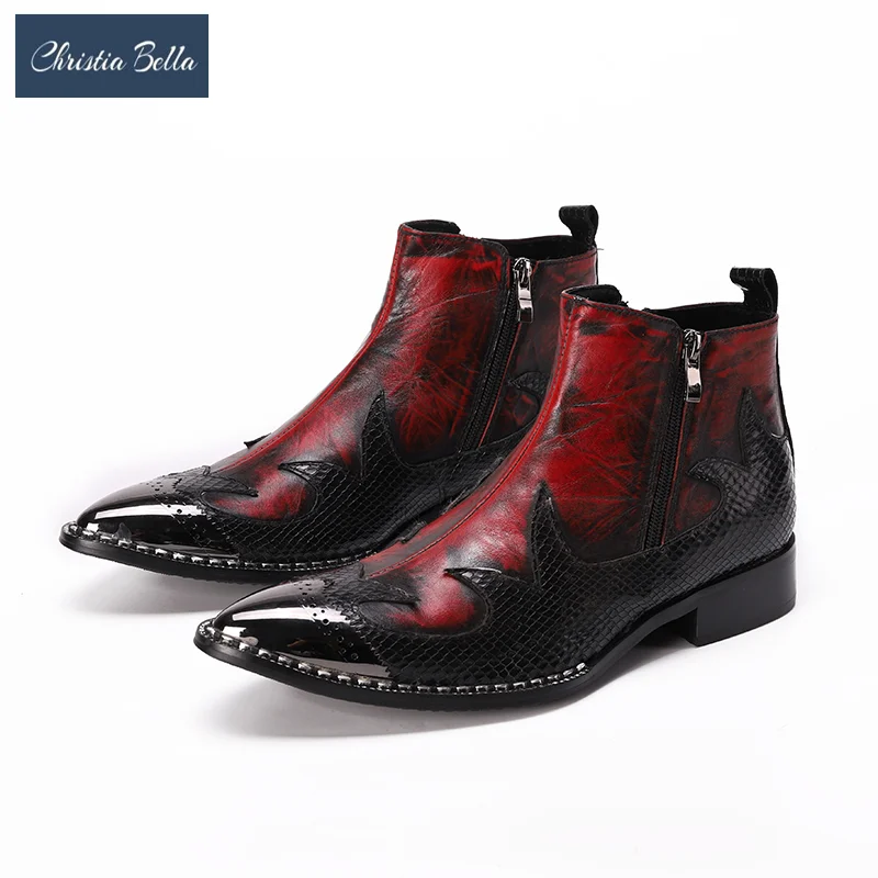 

Christia Bella British Bullock Carved Men Ankle Boots Genuine Leather Party Dress Boots Male Pointed Toe Formal Short Boots