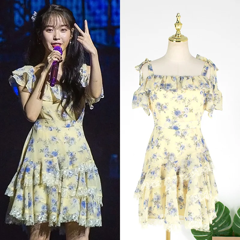 

KPOP IU Lee Ji Eun летнее Новое шифоновое кружевное платье без бретелек с цветочным принтом женская уличная одежда пикантные вечерние мини-платья ...