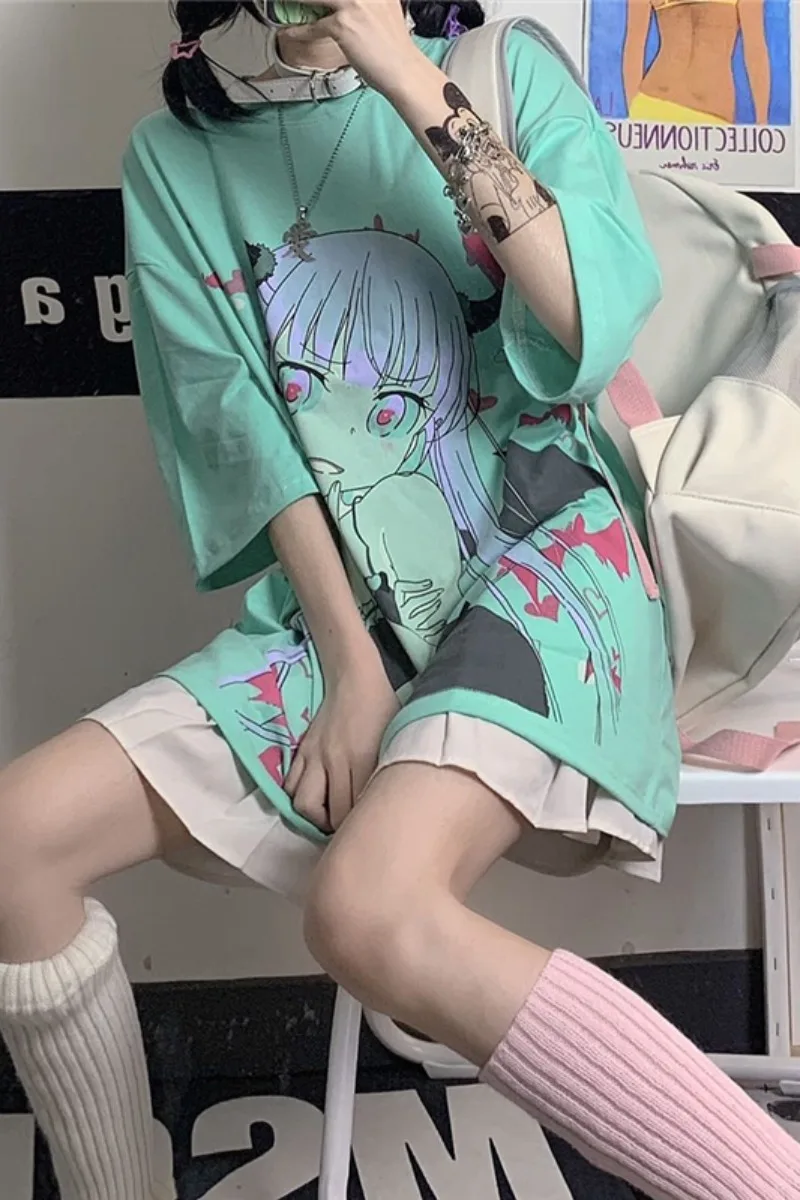 

WHOHOLL Summer T-shirt For Women's Streetwear Harajuku Gothic Tshirts Cartoon Devil Girl Print Loose Short Sleeve Top