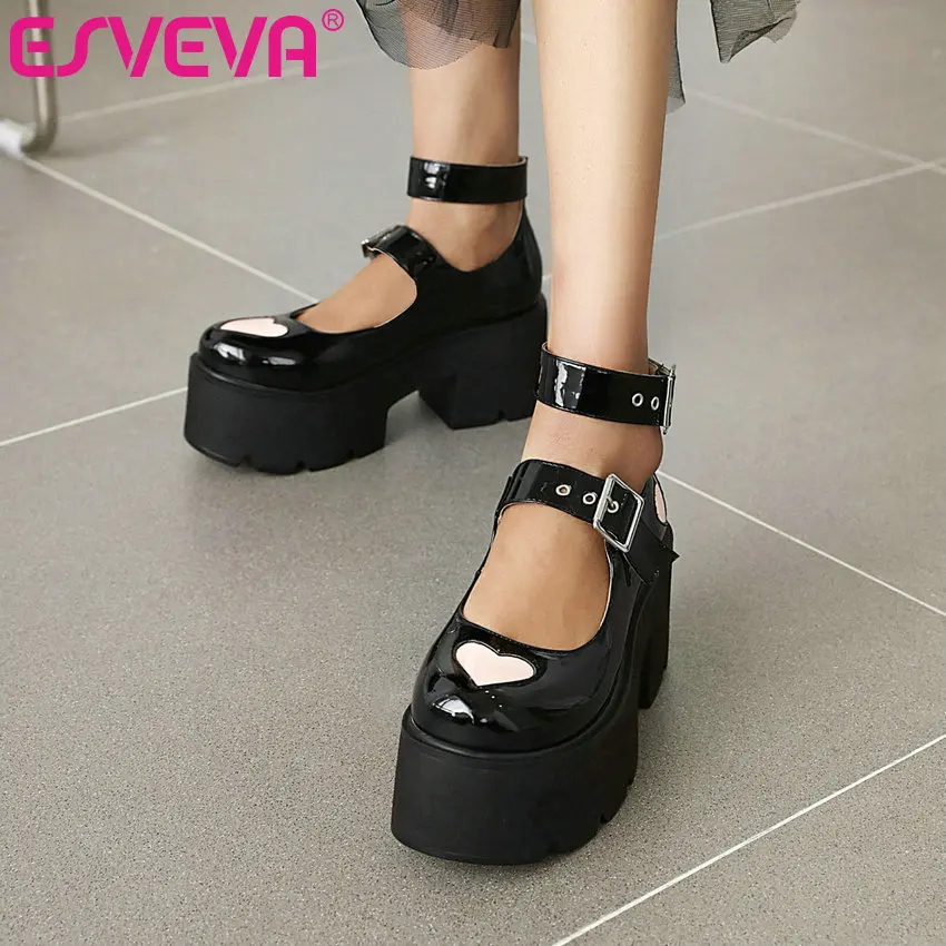 

ESVEVA 2021 Platform PU Leather Female Pumps Ankle Strap Elegant Women Shoes Round Toe Heart Square High Heels Size 36-43
