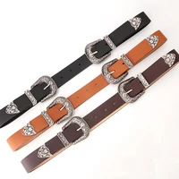 vintage black brown coffee women lady boho metal leather belts double buckle waist belt waistband high quality belts female