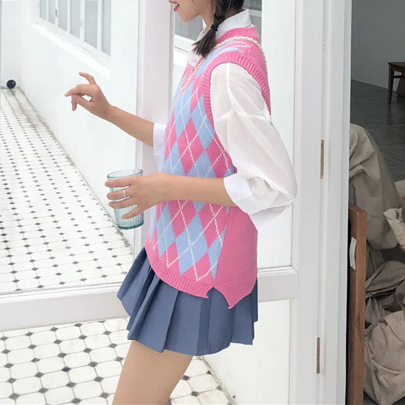 Женский вязаный жилет в клетку повседневный Свободный пуловер без рукавов
