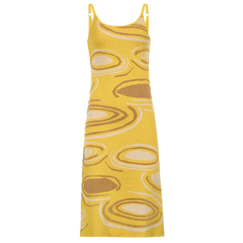 

MissThalia Print Knitted Dress 2021 Summer Y2K Streetwear Backless Sleeveless Green Hollow Out Midi Dresses Vintage Outfits Slim