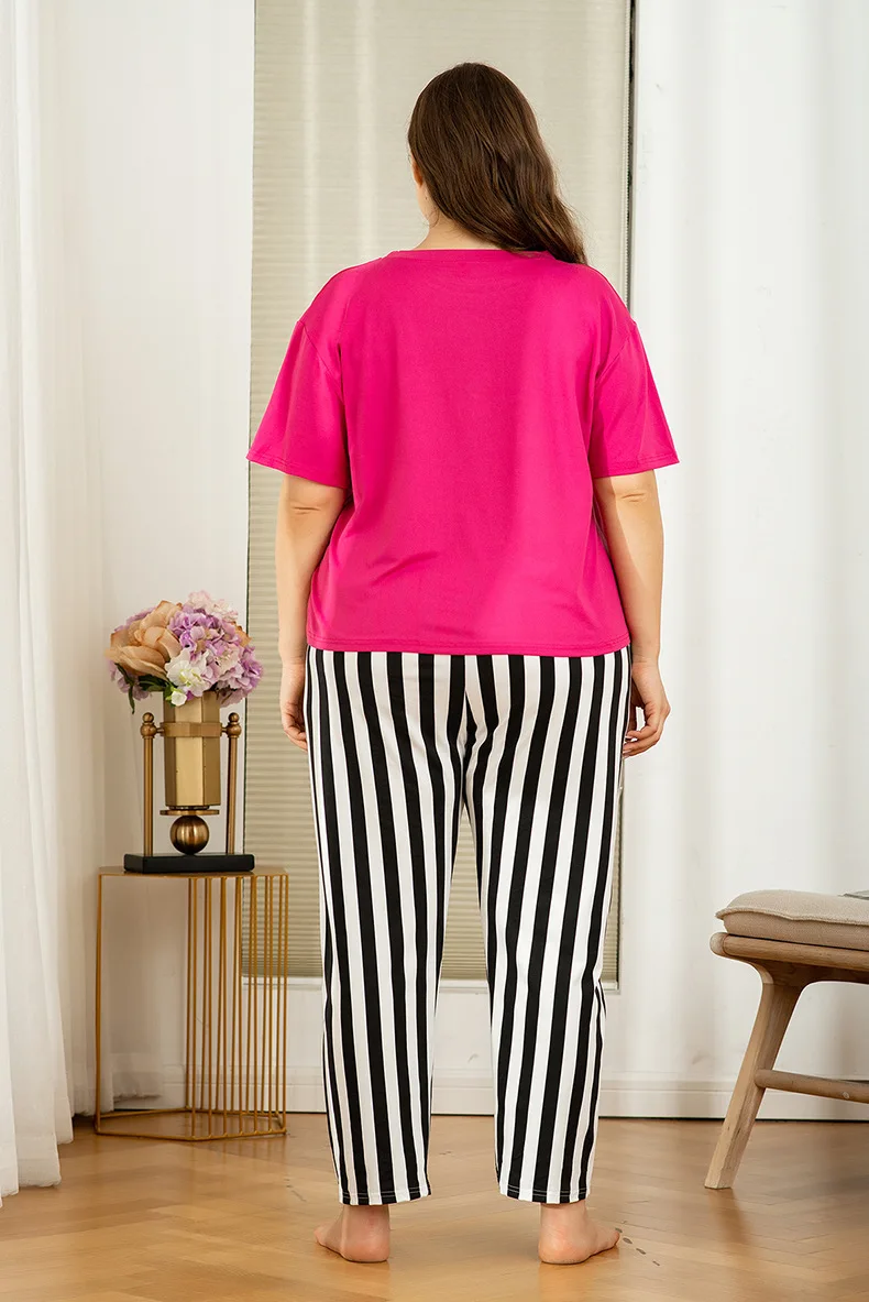 

Summer Clothes For Women 2021 Home Service Suit Rose Red Large Size 4XL Round Neck Zebra Striped Trousers Casual Breathable