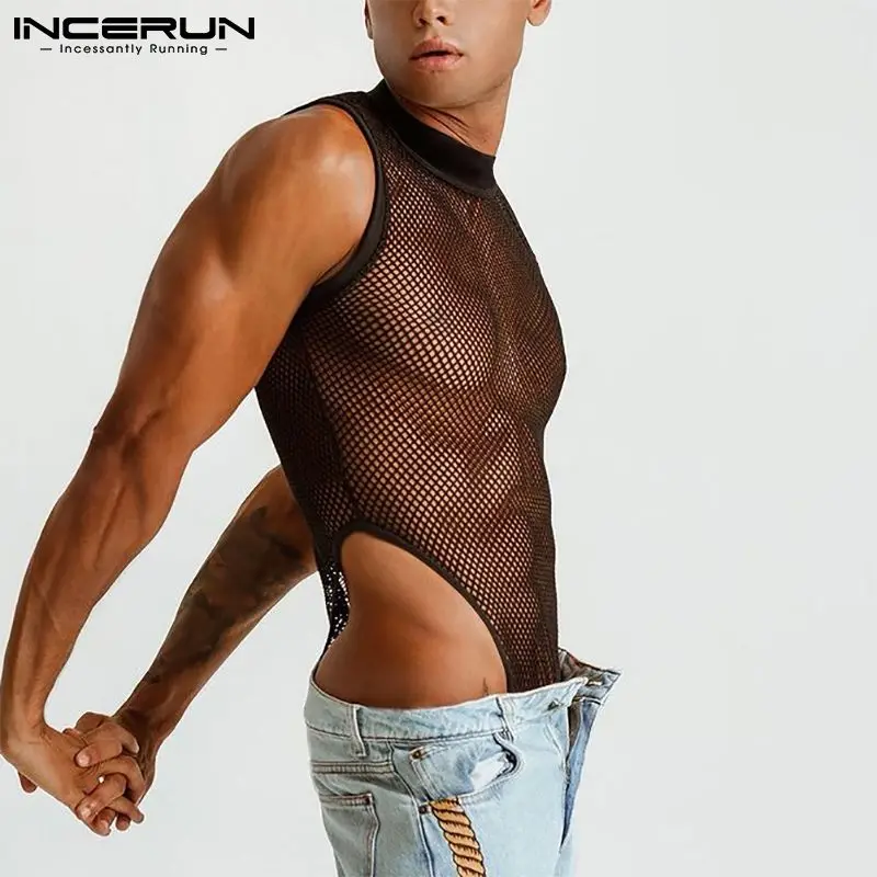 Men Bodysuit Underwear Mesh Patchwork Sleeveless Homewear See Through Thin Romper 2022 Breathable Sexy Men Bodysuits INCERUN 7