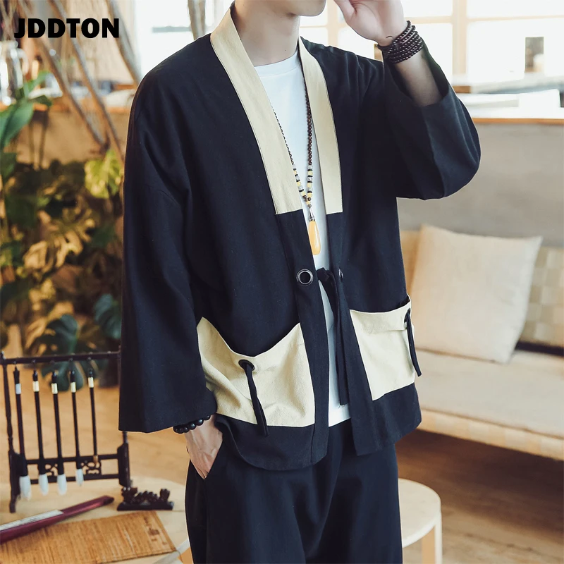 Мужское льняное кимоно JDDTON Свободное длинное пальто в японском стиле винтажная