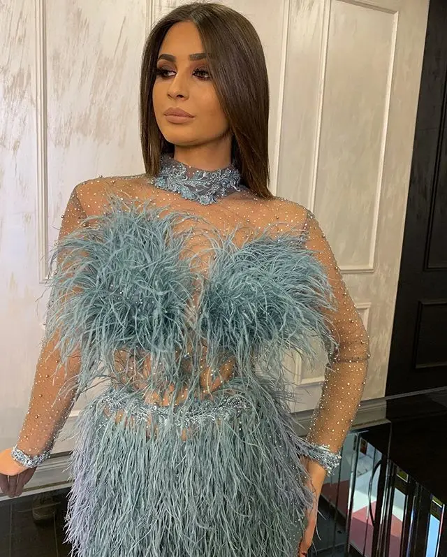 

High Neck Short Prom Dresses Feather Illusion Major Beading Crystal Evening Dress Long Sleeve Formal Party Gowns Club Wear