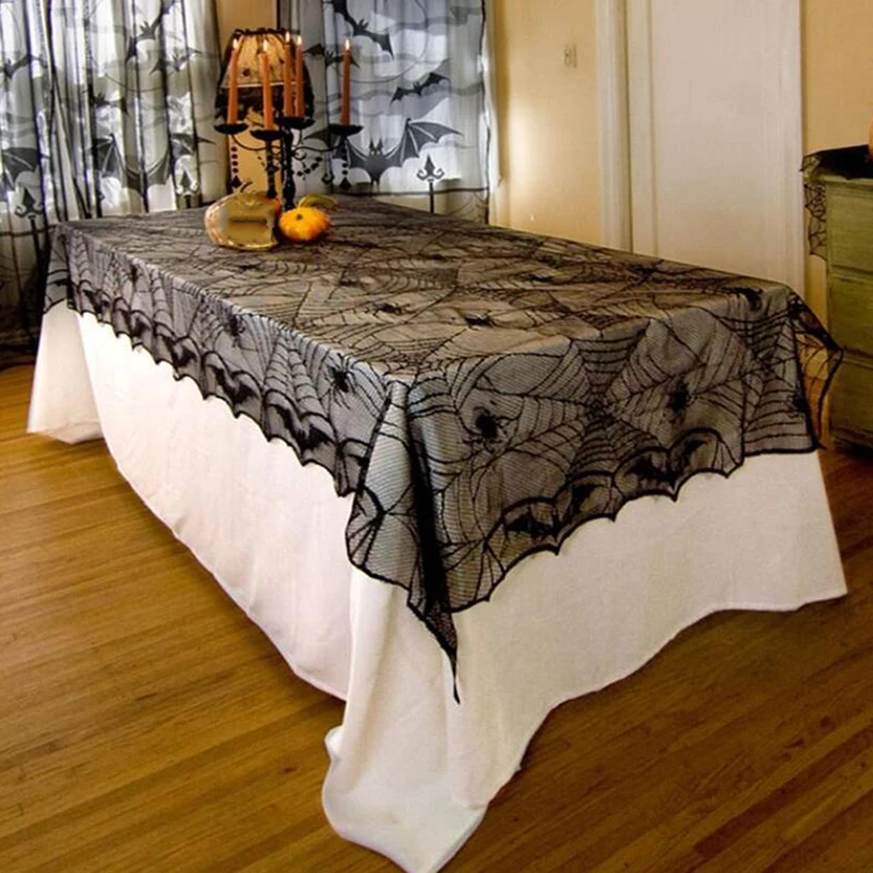 

1pcs Halloween Home Party Supply Black Lace Spider Web Cobweb Tablecloth Table Runner Fireplace Mantle Curtain Decoration