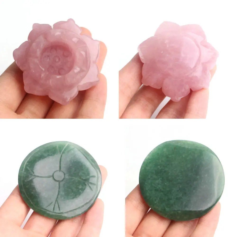 1 шт. милый ручной резной натуральный розовый кварц цветок лотоса и зеленый лист