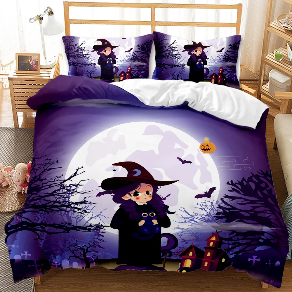 

Happy Halloween Party Bedding Set Twin Size Witch Pumpkin Bat Duvet Cover Set Bed Quilts Purple Bedclothes Child Home Textiles