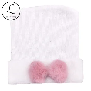 Шапки из искусственного меха для новорожденных мальчиков и девочек, для детей 0-3 месяцев, с бантом, вязаные шапочки с бантом и шапки, подарки для фотографирования новорожденных, шапочка для больницы