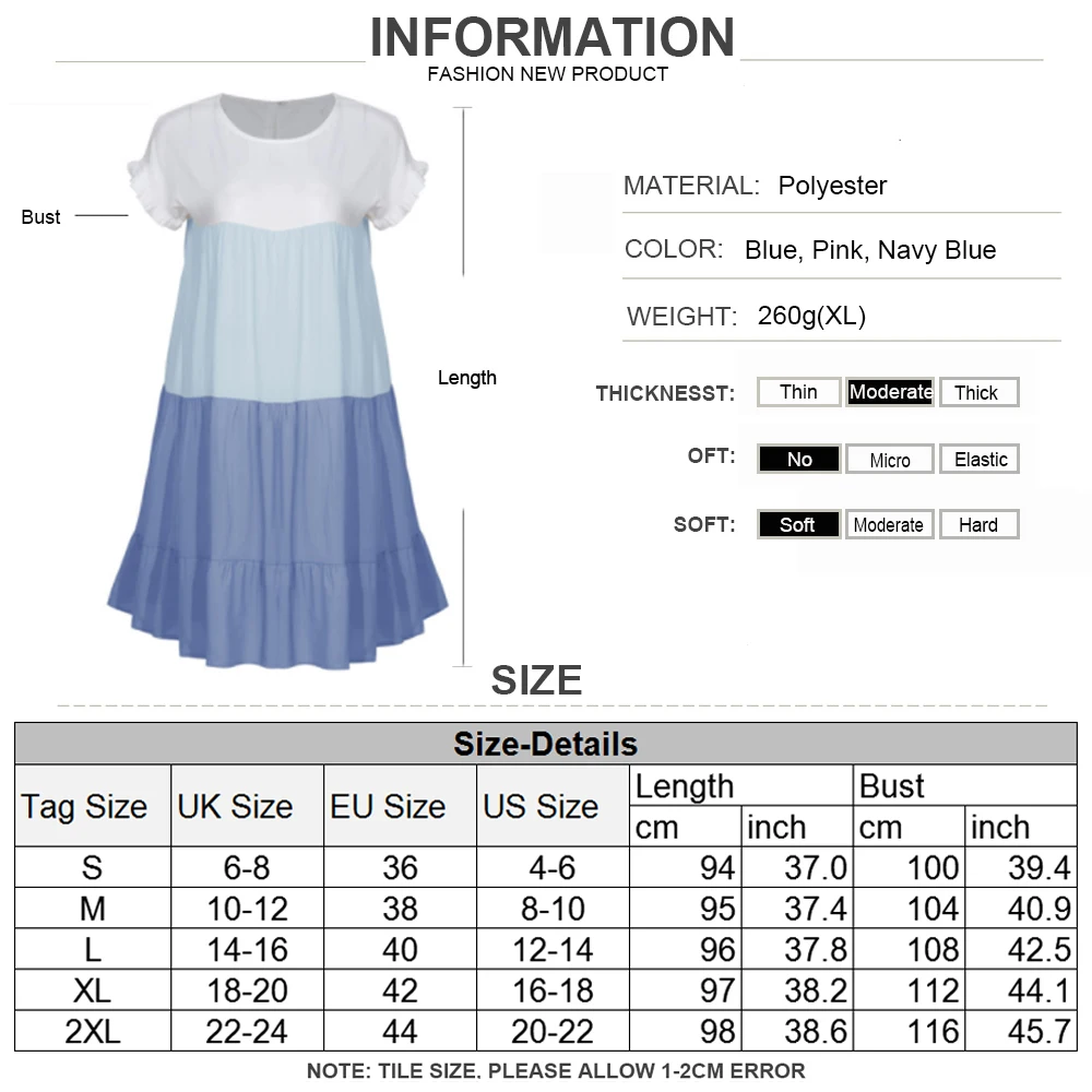 

2021 Women's Summer Casual Swing T-Shirt Dresses Beach Patchwork Ruffles Short Sleeve Loose Pleated Mini Dress Vestidos D30