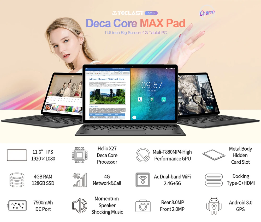Teclast M16 2 в 1 планшеты 11," Android 8,0 планшетный ПК 4 Гб ОЗУ 128 Гб ПЗУ Helio X27 Deca Core4G сеть 8.0MP док-станция type-C HDMI