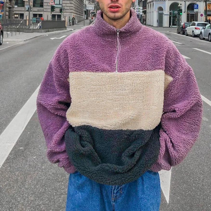 

Plush Oversized Sweatshirt Men and Women Patchwork Zipper Hoodie 90s Korean Style Harajuku Warm Coat Fleece Sportwear Clothing