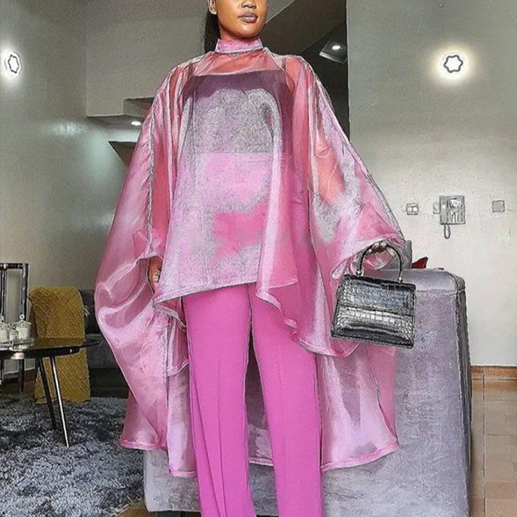

Women Loose Top Blouses See Through Oversized Shirt Irregular Length High Low Big Batwing Sleeve Party Birthday Club Wear Spring
