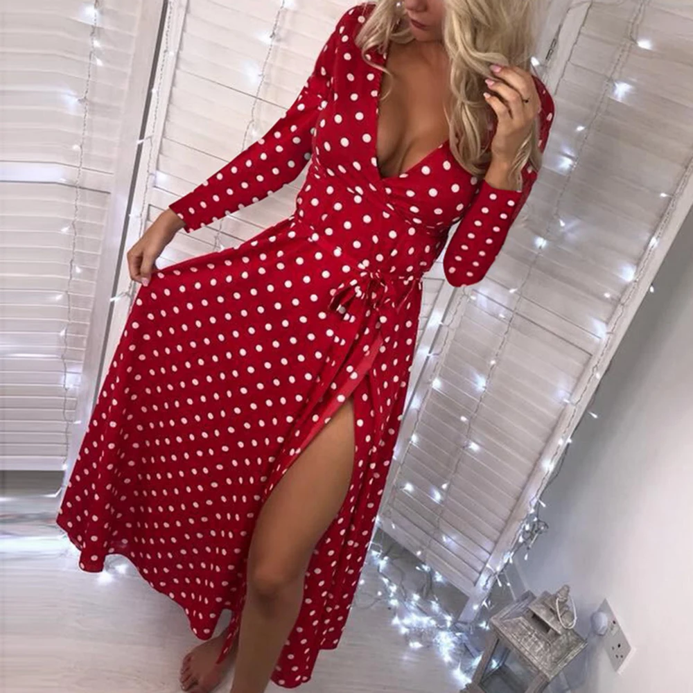 Для женщин платье с рисунком в горошек длинным рукавом и v-образным вырезом