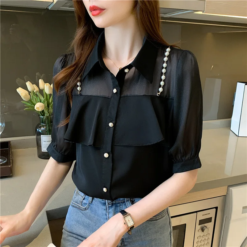 

2021 summer new style pearl chain design shirt temperament western style puff sleeve chiffon top women