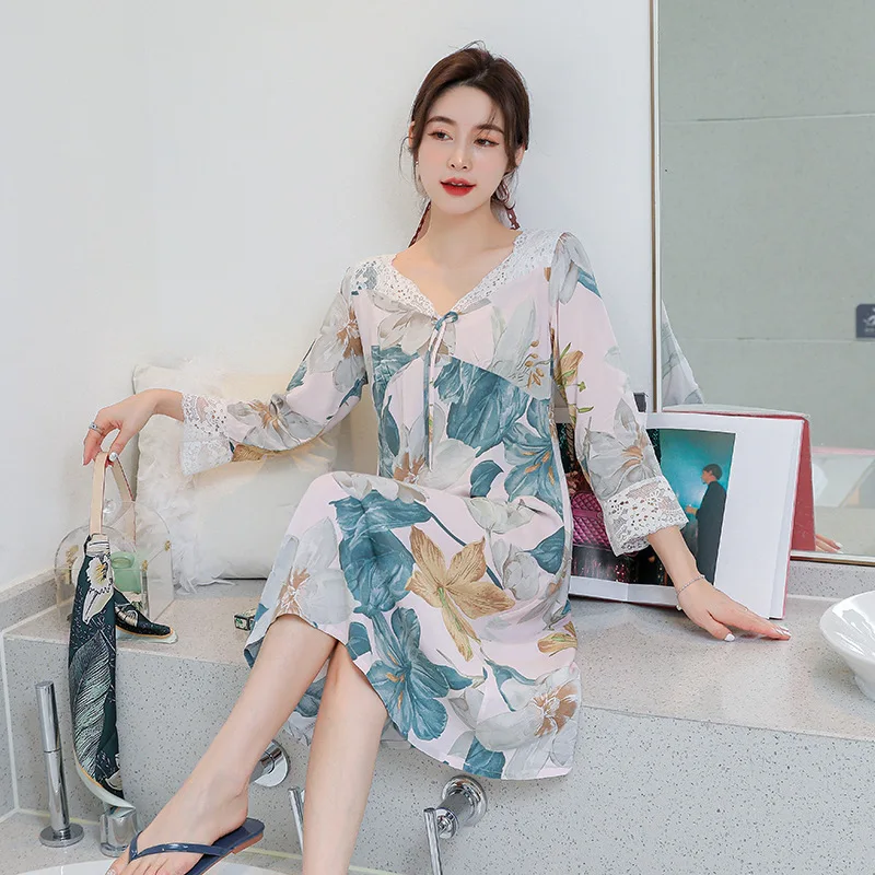 Ночная рубашка с длинными рукавами v образным вырезом одежда кружевное платье