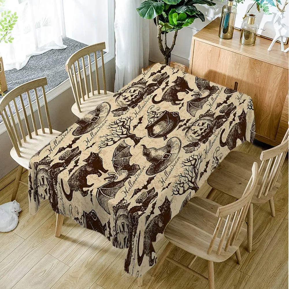 Прямоугольная скатерть в винтажном стиле с рисунком животных кота тыквы совы