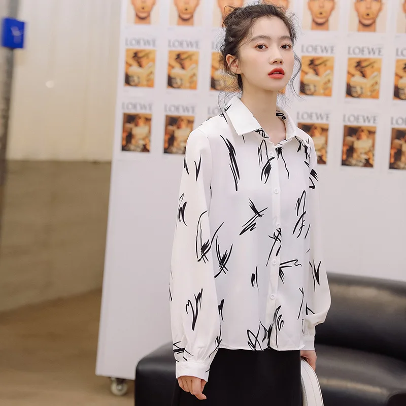 Черно-белые рубашки с принтом женские шикарные топы блузка 2020 Свободная