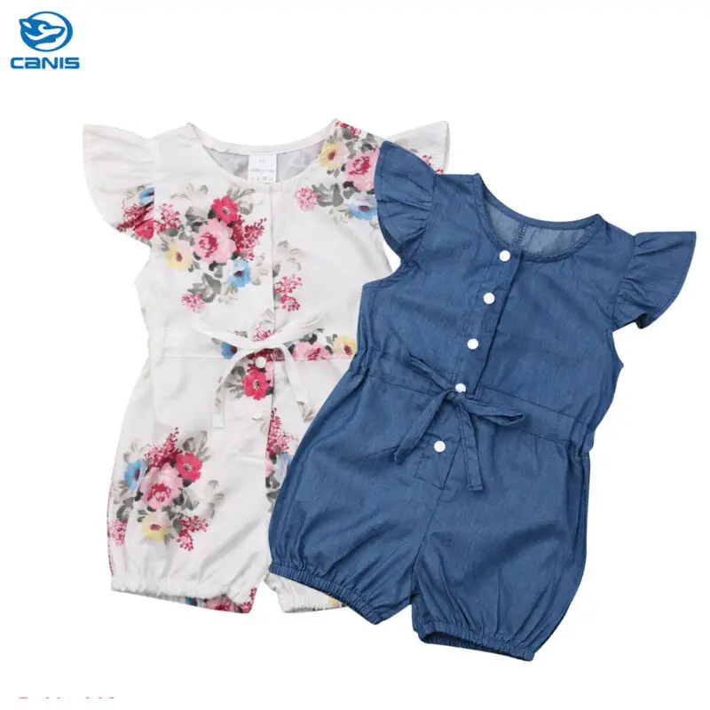 Children Summer Clothing 1-6Y Infant Baby Girl Kid Romper Ruffle Fly Sleeve Belt Jumpsuit Floral/Solid Outfit Clothes | Детская одежда