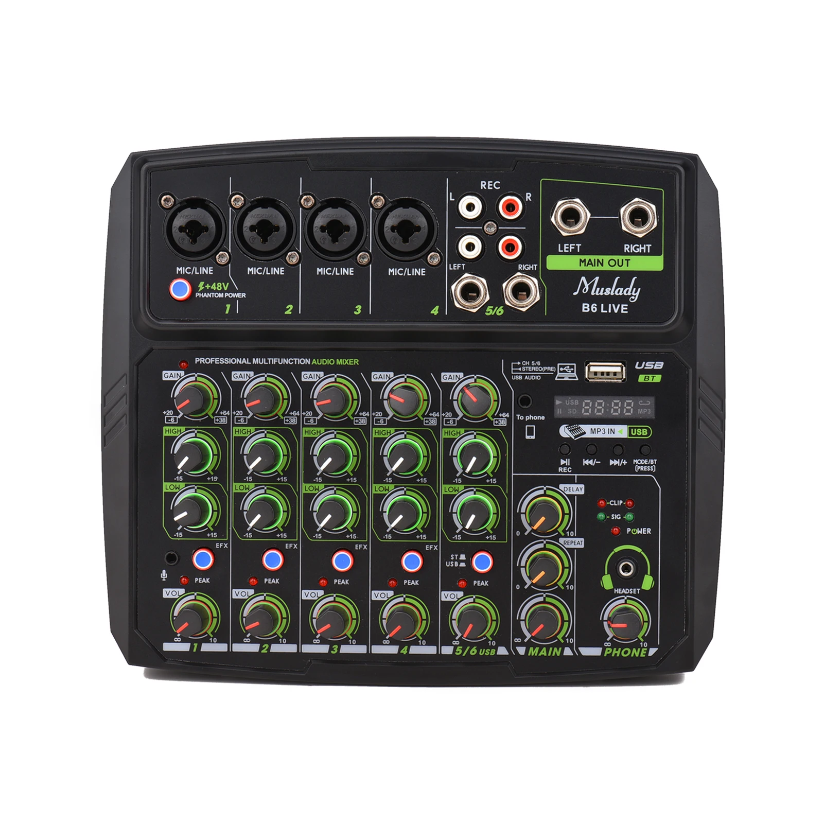 

Muslady 6-Channel Audio Mixer Mixing Console LED Screen Built-in Soundcard BT Connection with 2-band EQ Gain Delay Control
