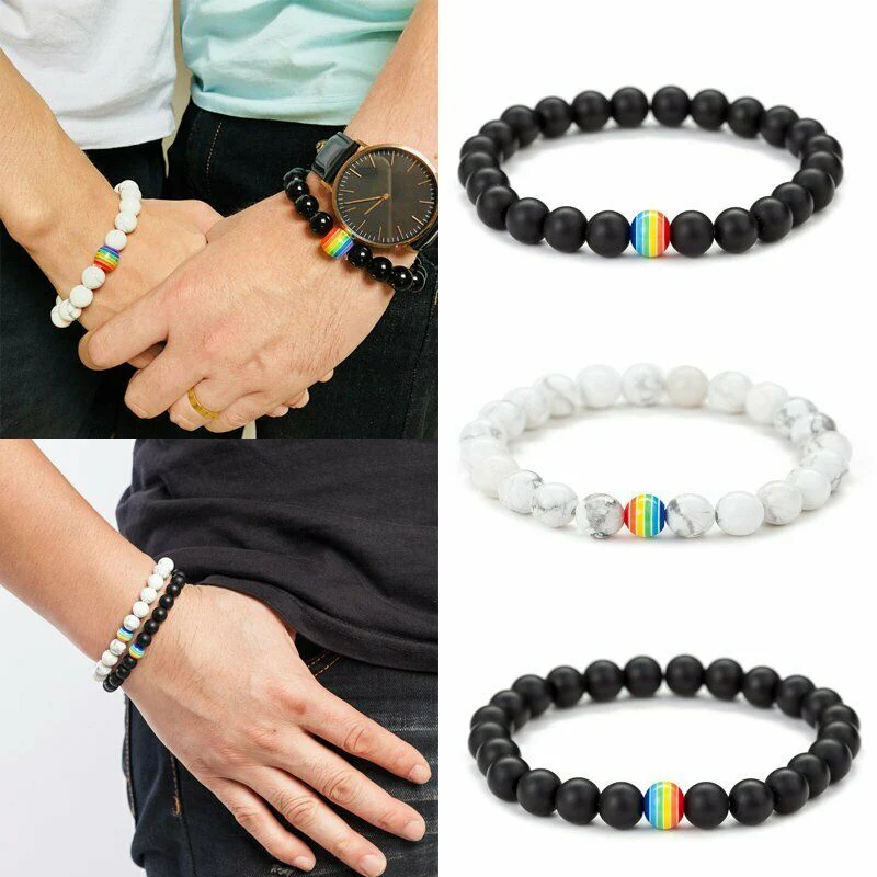 

Мужские браслеты с натуральным камнем, модные украшения из бисера, Радужный Браслет, гордыня, гей, мир, мужской подарок, пара, 8 мм, браслеты с ...