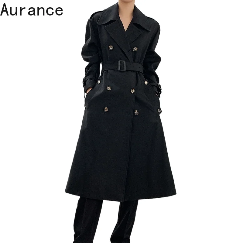 

[Aurance] Women Long Sleeve Double Breasted Long Black Trench New Lapel Loose Fit Windbreaker Fashion Spring Clothes 2021
