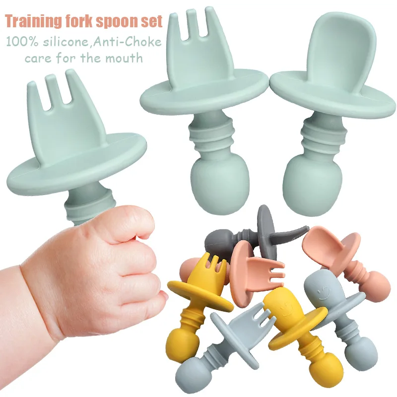 Food Grade Infant Mini Silicone Tableware Set Baby Soft Kitchen Accession Fork Spoon Kids Portable  Soild Color TeaSpoon