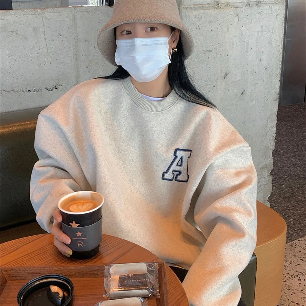 

Causal Letter Fleece Thicken Pullover Sweatshirt Korean Autumn Winter Women Hoodies Long Sleeve New Top Jumpers