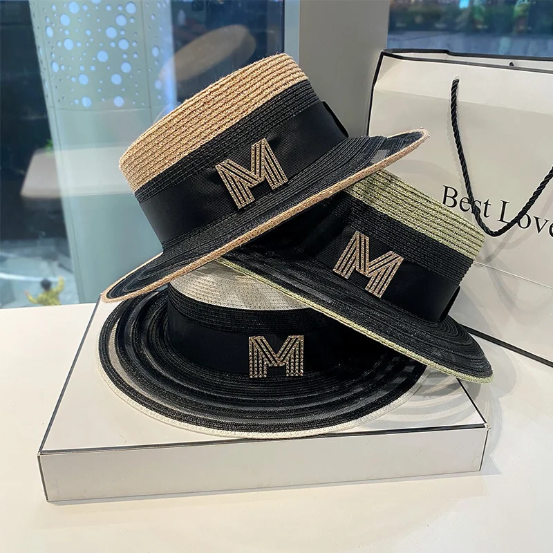 

2021 New M Letter Flat Top Straw Hat Ribbon Boater Beach Hat Women's Summer Wide Brim Fedora Panama Straw Travel Sun Cap