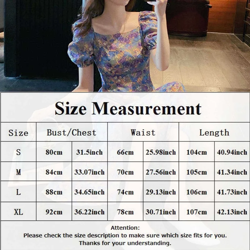 

Dress Lady Summer Casual Sweet Purple Puff Sleeve Print Dress Female New Style Hem Slit Floral Waist Long Skirt