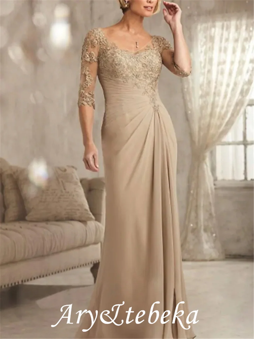 

Sheath / Column Mother of the Bride Dress Plus Size Sexy See Through V Neck Chiffon Half Sleeve with Lace 2021