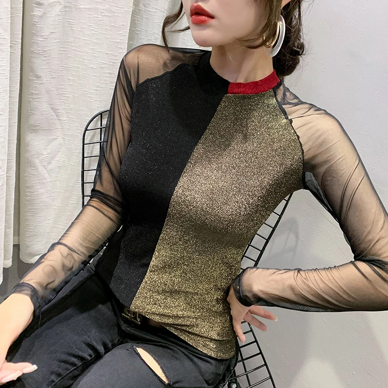 

2020 Autumn New women mesh tops Fashion long sleeve patchwork woman tshirts Elegant slim plus size women's shirt