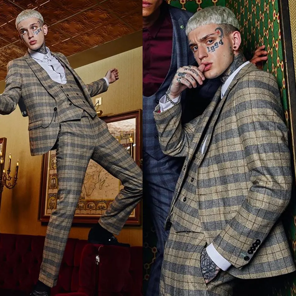 2020 модные мужские костюмы из смеси шерсти 3 предмета (пальто + брюки жилет) костюм