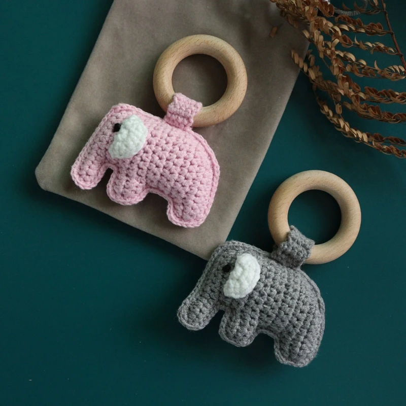 

Baby Rattle Nursing Teething Soother Wooden Ring Infants Newborn Shower Gifts Crochet Knitted Elephant Teether Pendant