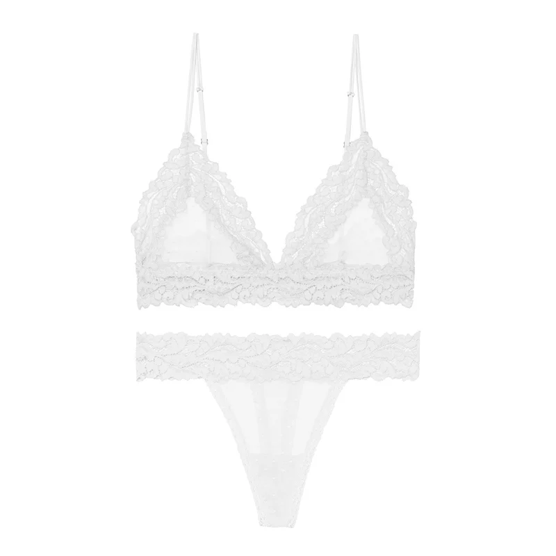

Sexy Lingerie Set Lace Transparent Bra Set Dot Mesh Women Push Up Brassiere T Back Panties Sets Backless V Neck Briefs Set