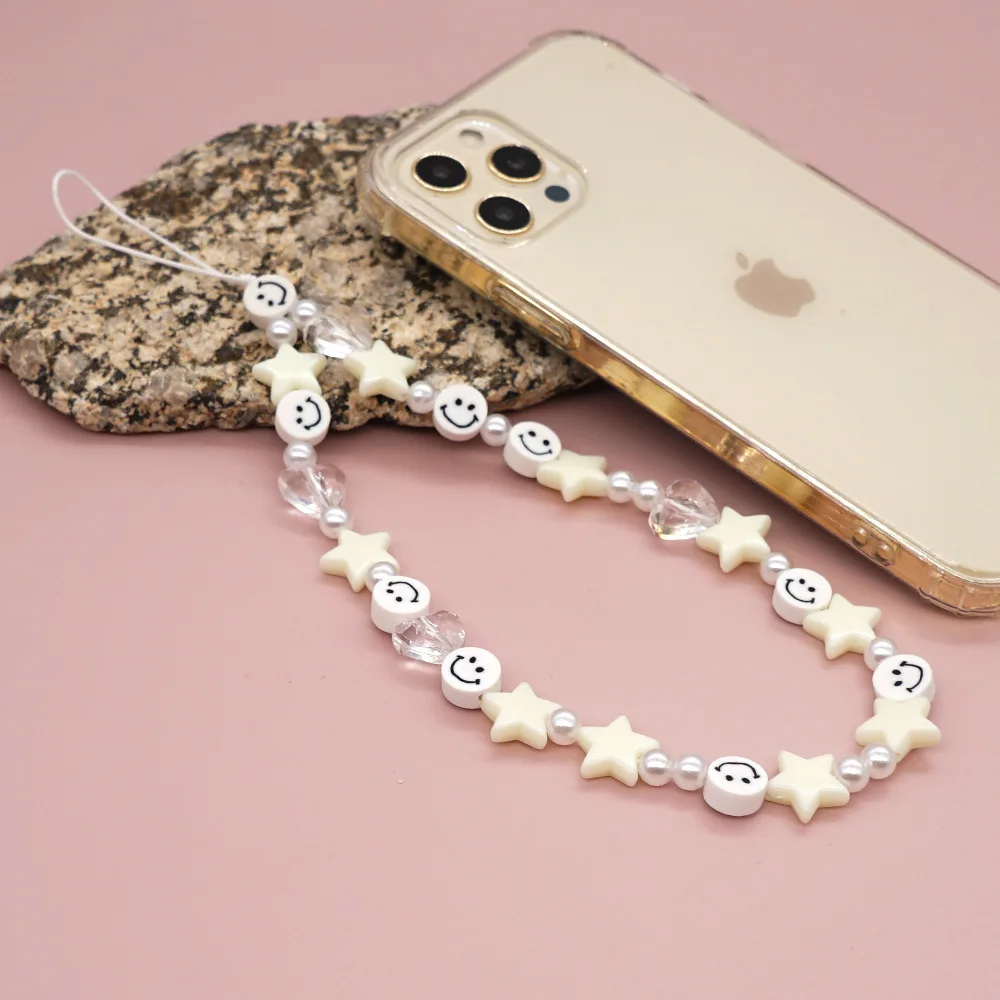 Colorful Smile Pearl Star Soft Pottery Mobile Phone Strap Lanyard For Women Ladies Fashion Jewelry Phone Case Hanging Cord