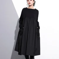 xuxi 2021 spring autumn dress women long sleeve loose waist fashion stitching thin temperament knee length skirt e4352
