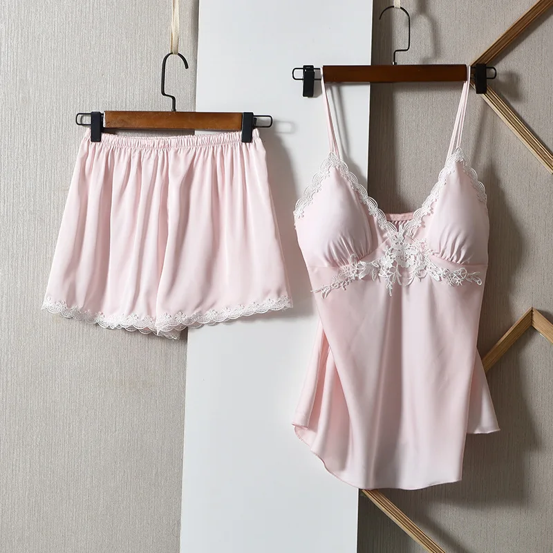 

Summer Pajamas Spaghetti Strap Shorts Two Piece Set For Women Sexy Lace Trim Loose Sleepwear Pyjama Pour Femme Satin Home Wear