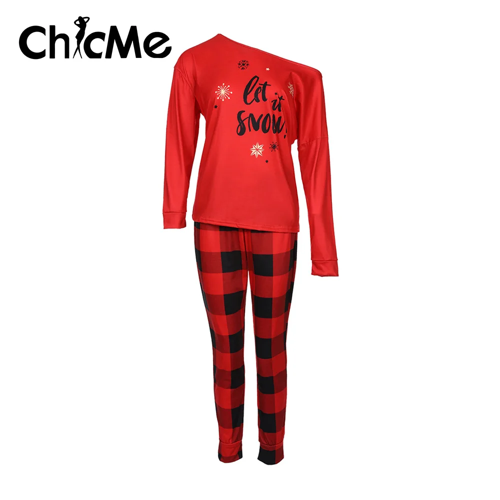 

Chicme Christmas Letter Plaid Print Long Sleeve Pajamas Set Two Pieces Slash Neck Top and Pants Set Fashion Home Sleep Wear