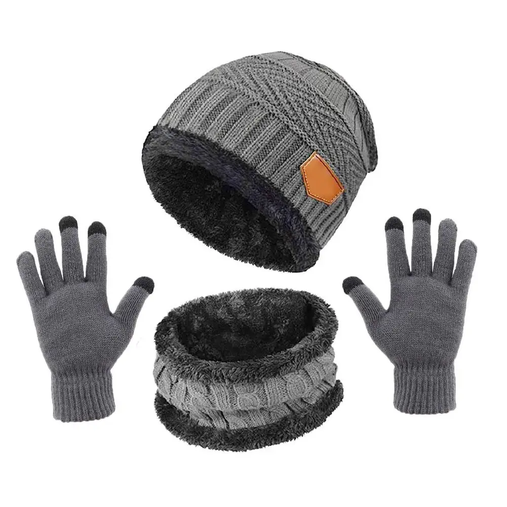 Quente slouchy beanie neve kit malha crânio boné cachecol conjunto para homem inverno chapéu cachecol luvas de tela de toque círculo cachecol