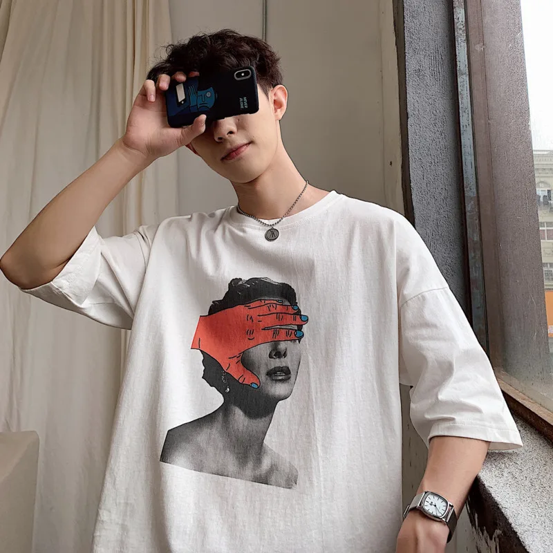 2020 Summer New Youth Pop Men's Print Loose Short Sleeve T-shirt Fashion Casual Round Neck Pullover Black / White M-2XL | Мужская